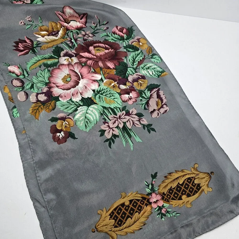 VTG Baar & Beards 100% Silk Scarf Gray Rose Floral Gold Scroll Japan Oblong